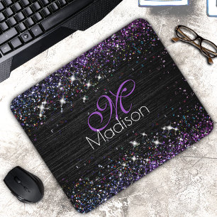 Lila svart borstad metall glitter monogram musmatta