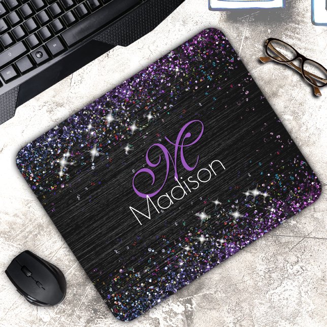 Lila svart borstad metall glitter monogram musmatta (Skapare uppladdad)