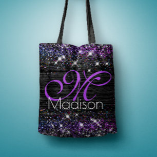 Lila svart borstad metall glitter monogram tygkasse