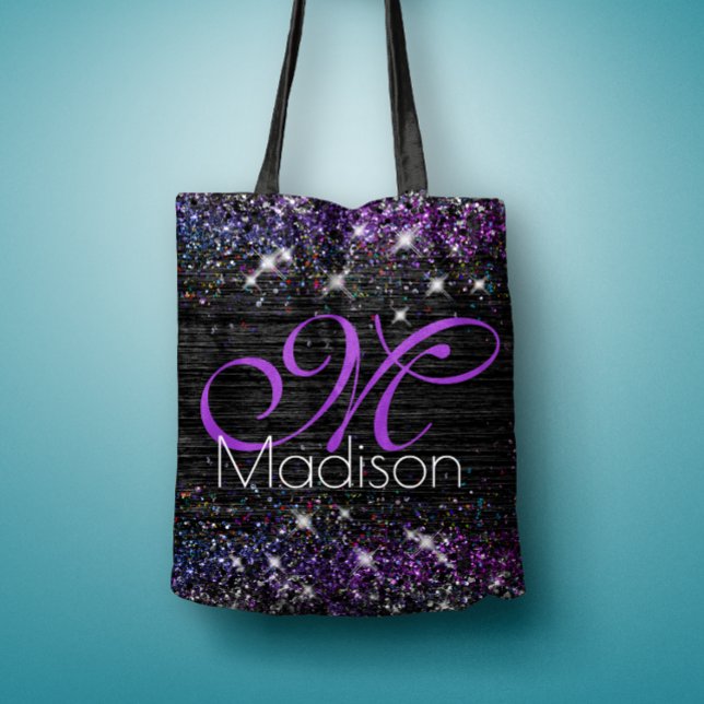 Lila svart borstad metall glitter monogram tygkasse (Skapare uppladdad)