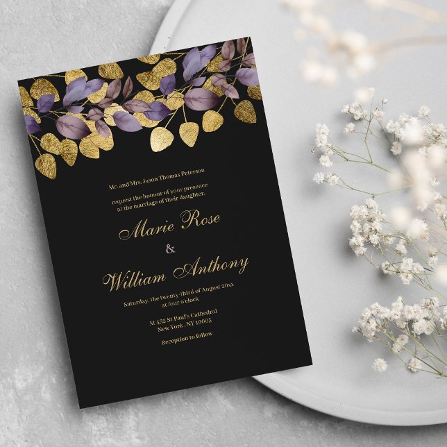 Lila, svart, brun guld-bläckfisk, Bröllop Inbjudningar (Luxury black purple brown gold foliage Wedding )