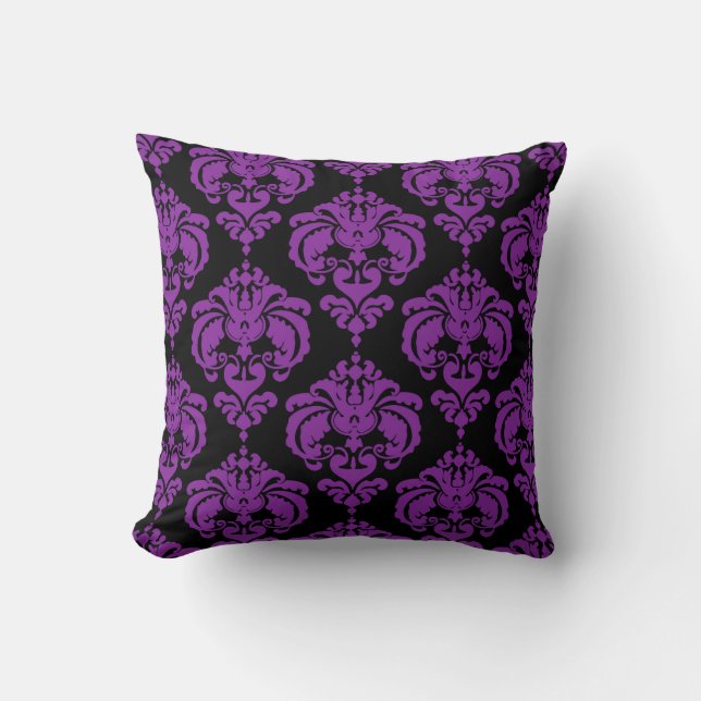 Lila & Svart Damask Chic Modern Elegant Mönster Kudde (Framsida)