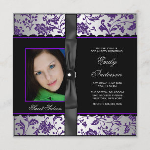 Lila Svart Damask Foto Sweet 16 Fest Inbjudningar