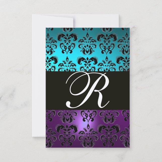 LILA SVART DAMASK MONOGRAM RSVP ,blå turkos Inbjudningar (Framsida)