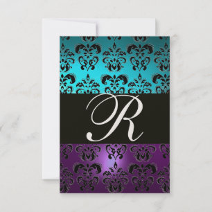 LILA SVART DAMASK MONOGRAM RSVP ,blå turkos Inbjudningar