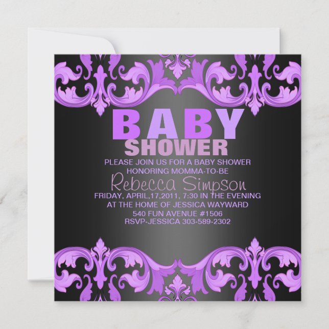 Lila & Svart Damaskus Baby Shower Inbjudan (Framsida)