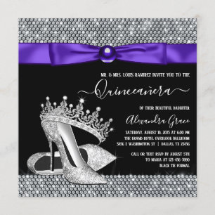 Lila svart diamant tiara sko Quinceanera Inbjudningar