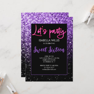 Lila svart glitter Söt 16 nybörjare party Inbjudningar