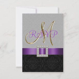 Lila Svart Grå Damast Guld Initial Bröllop RSVP OSA Kort