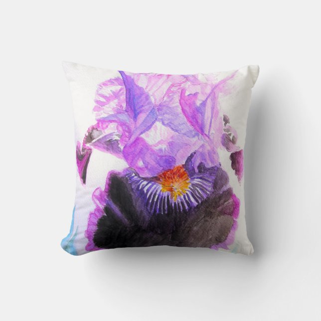 Lila Svart Iris Akvarell Blomma Blommig Kudde (Framsida)