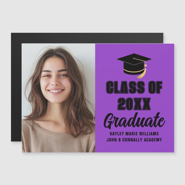 Lila svart klass 2026 examensfoto magnet (Fram/baksida)