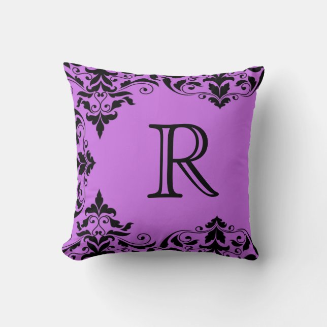Lila & Svart Monogram Damastkudde Kudde (Framsida)