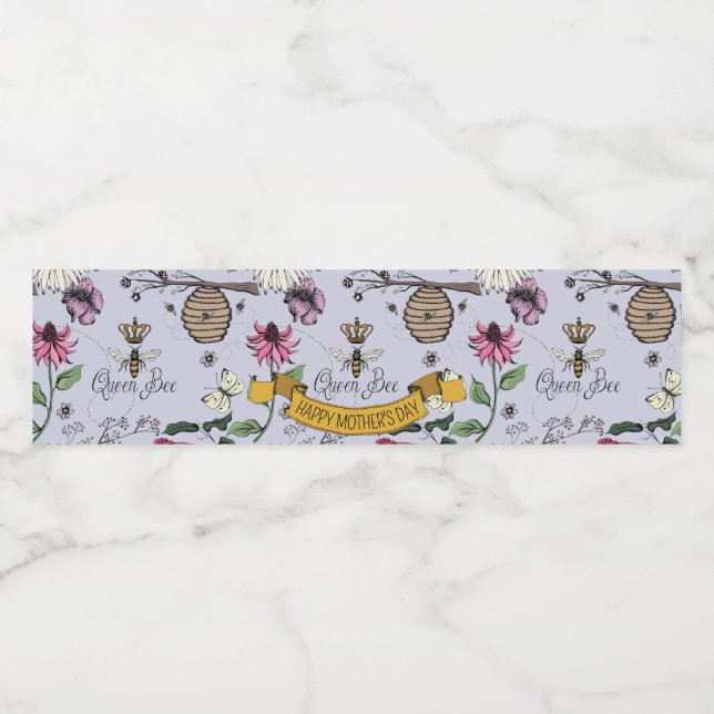 Lila, svart och Guld drottning Bee & Krona Vattenflaskor Etikett (Singel etikett)