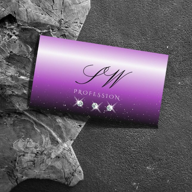 Lila Svart Ombre Glitter Juveler Monogram Modern Visitkort (Skapare uppladdad)