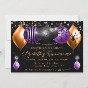 Lila Svart, Orange Halloween-pynt Quinceanera Inbjudningar