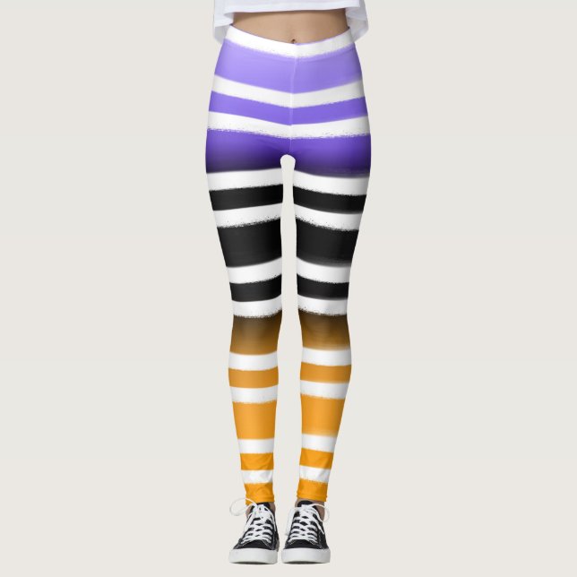 Lila Svart Orange Målarpensel Halloween Leggings (Framsida)