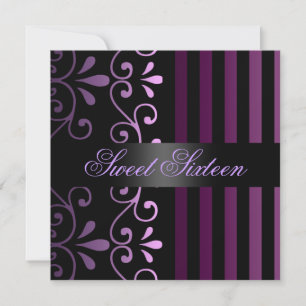 Lila/Svart Rand & Virvel Sweet 16 Inbjudan