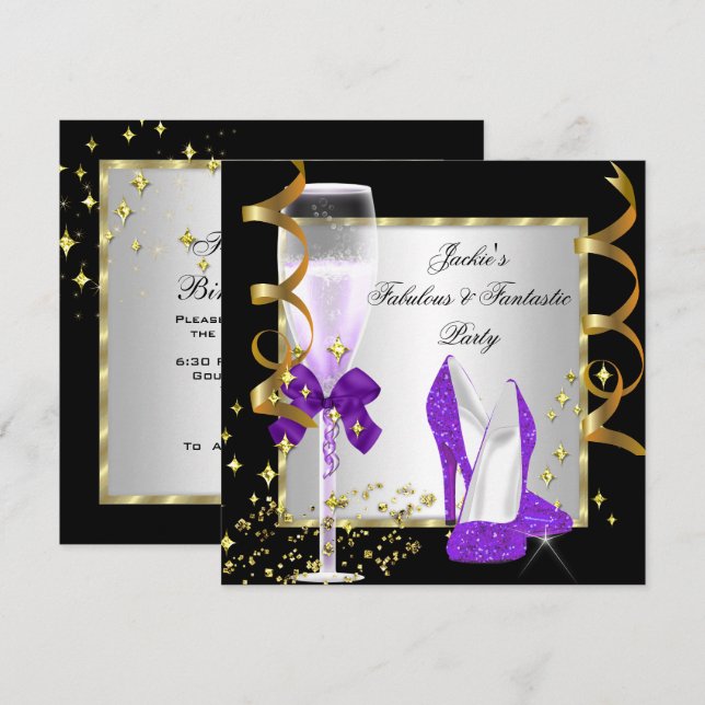 Lila Svart Silver Födelsedagsfest för Kvinnor Inbjudningar (Fram/baksida)