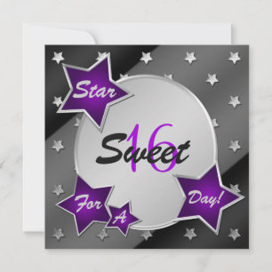 Lila, svart, Silver Stars Sweet 16-inbjudan Inbjudningar