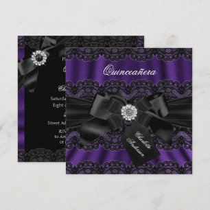 Lila svart spets & rosett Quinceanera-partygästkor Inbjudningar