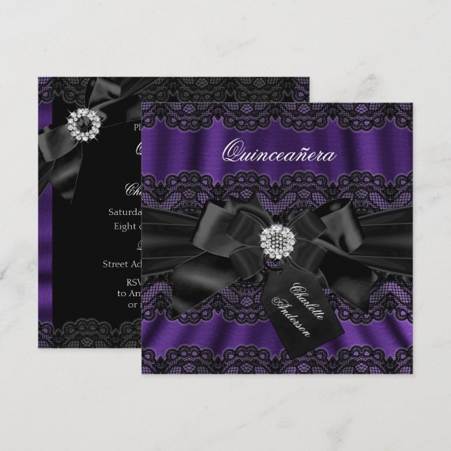 Lila svart spets & rosett Quinceanera-partygästkor Inbjudningar (Fram/baksida)