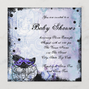 Lila Svart Vagn Baby Shower Inbjudan