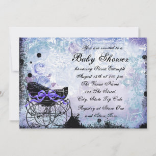 Lila Svart Vagn Baby Shower Inbjudan