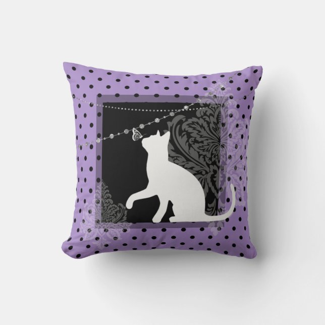 Lila svart, vit katt och polka dots kudde (Framsida)