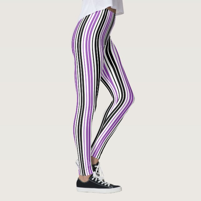 Lila Svart Vit Randigt Mönsterdesign  Leggings (Höger)