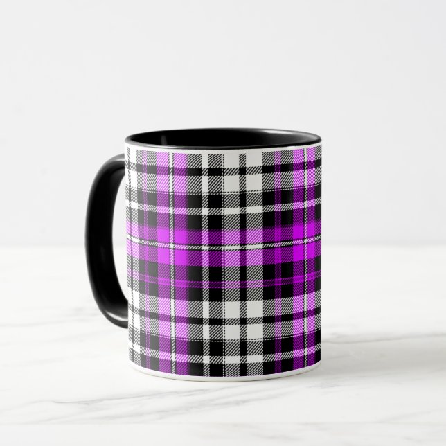 Lila Svart Vit Rutig Tartan Mönster Design  Mugg (Framsida vänster)