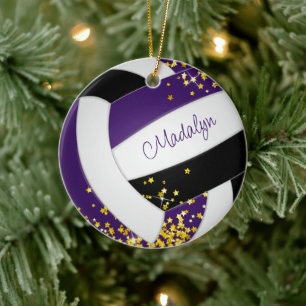 lila svart volleyboll med små guld-stjärnor julgransprydnad keramik