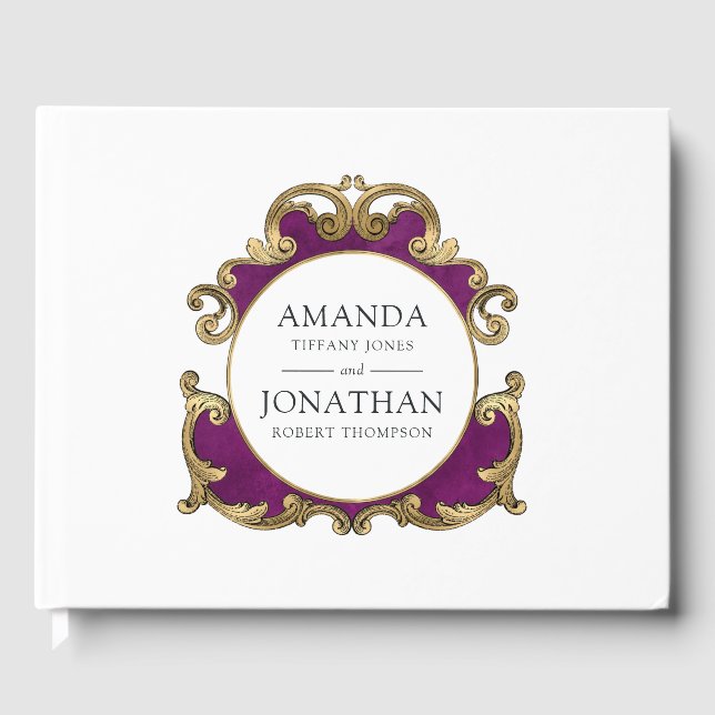 Lila, Svarta och Guld Blommigt, Bröllop Gästböcker (Framsida)