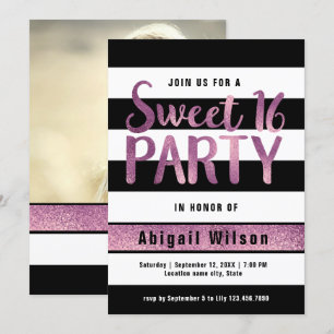 Lila svartvit sweet sixteen, födelsedagsfest inbjudningar