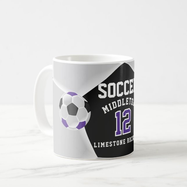 Lila-, svartvitt- och ⚽ fotboll kaffemugg (Framsida vänster)