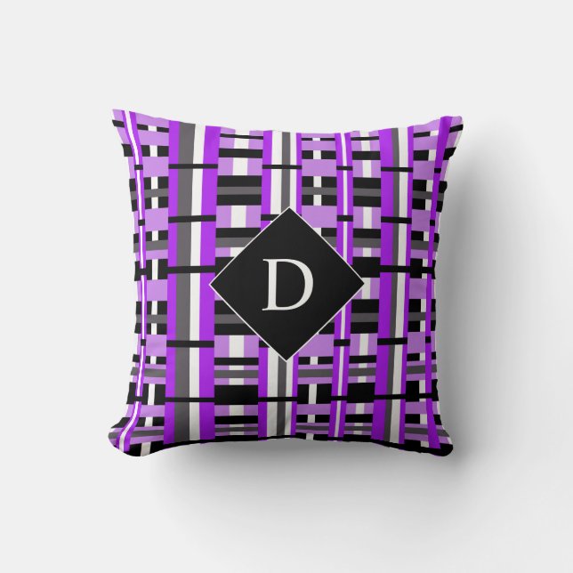 Lila, svartvitt och Grått Monogram Kudde (Framsida)