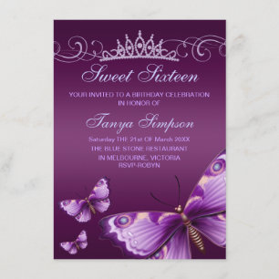 Lila Sweet16 Butterfly & Tiara Birthday Inbjudan