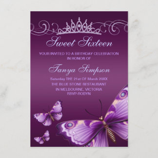Lila Sweet16 Fjäril & Tiara Födelsedagsinbjudan Inbjudningar