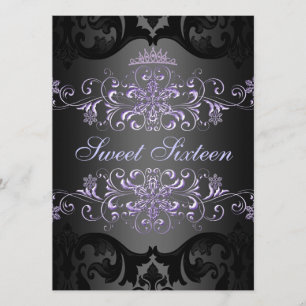 Lila Sweet16 Tiara Damask Birthday Inbjudan