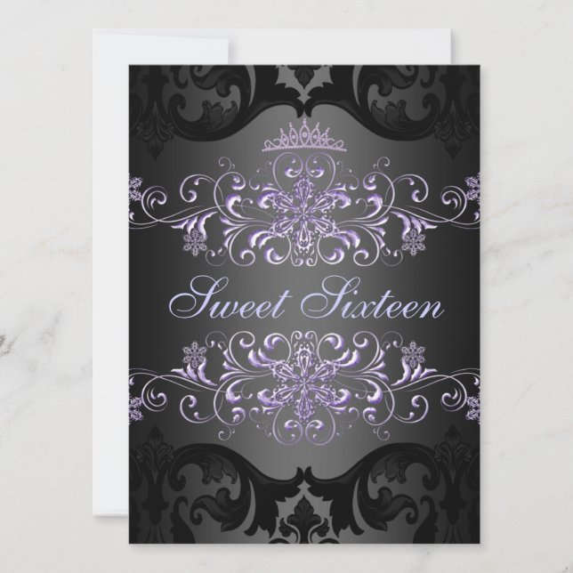 Lila Sweet16 Tiara Damask Födelsedagsinbjudan Inbjudningar (Framsida)