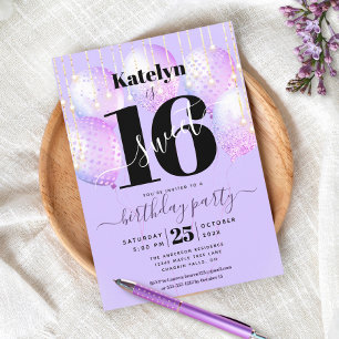 Lila Sweet 16 Birthday Girly Glam Balloon Script Inbjudningar