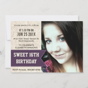 Lila Sweet 16:e Födelsedagsfesten med stort foto Inbjudningar