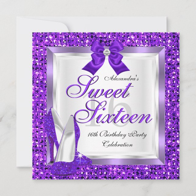 Lila Sweet 16-fest Söt sexton Silverglitter Inbjudningar (Framsida)