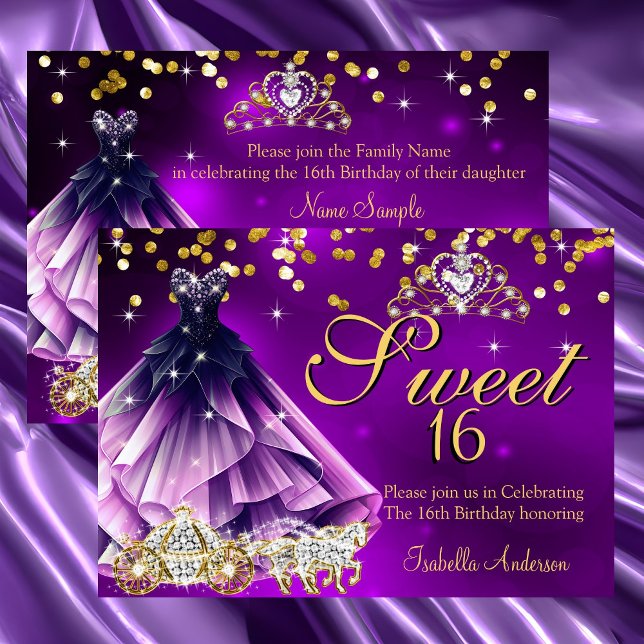Lila Sweet 16 Födelsedags Klänning Tiara Vagn Inbjudningar (Skapare uppladdad)