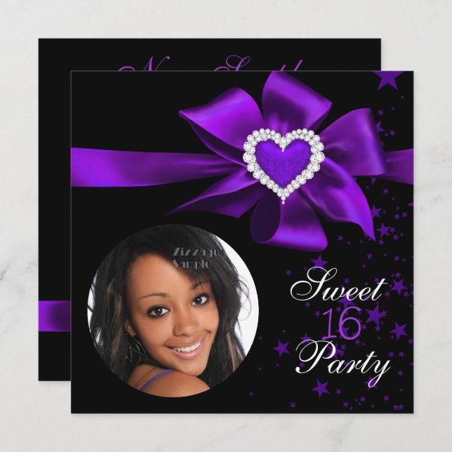 Lila Sweet 16 Födelsedagsfest Hjärtfoto Inbjudningar (Fram/baksida)