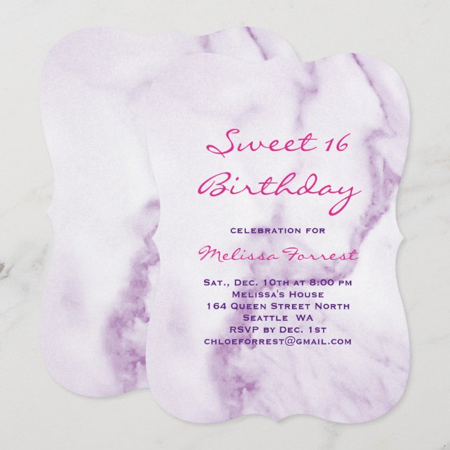 Lila Sweet 16 Marble Birthday bjudande Inbjudningar (Fram/baksida)