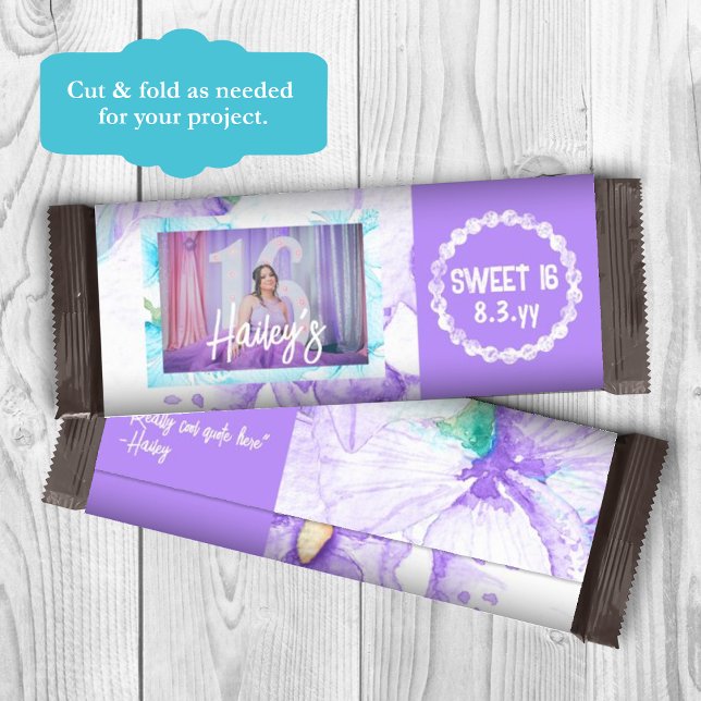 Lila Sweet 16 Personlig Candy Pub Wrapper Flygblad (purple sweet 16 personalized chocolate candy bar wrapper, birthday photo and name custom label)