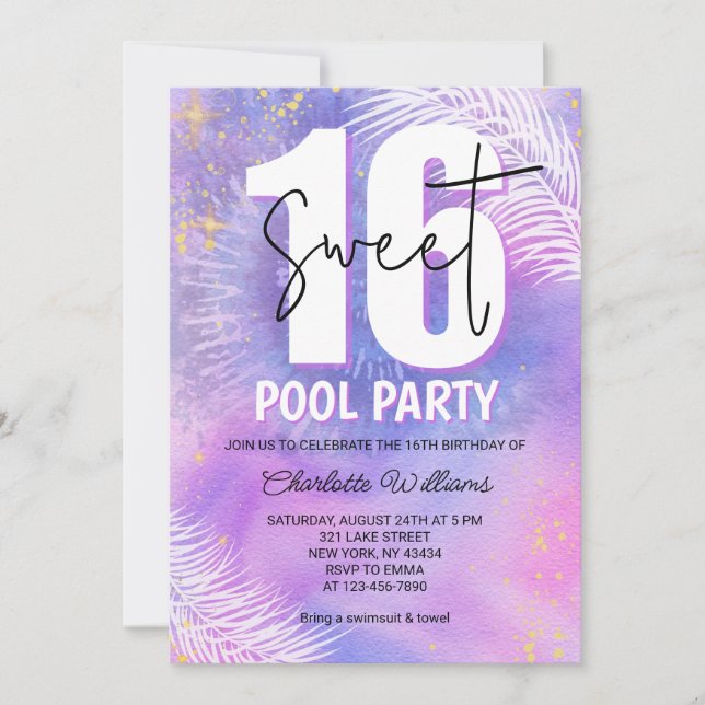 Lila Sweet 16 Poolparty Födelsedag Inbjudningar (Framsida)