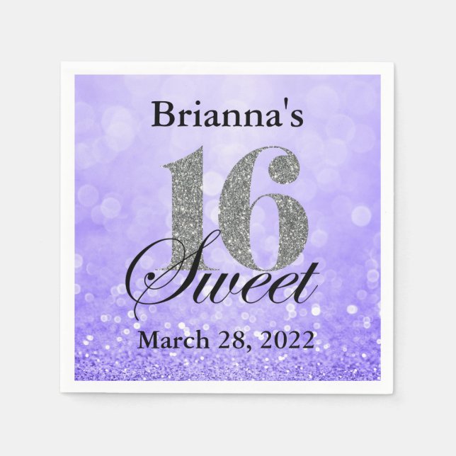 Lila Sweet 16 Silver Glitter Anpassningsbar Napkin Pappersservett (Framsidan)