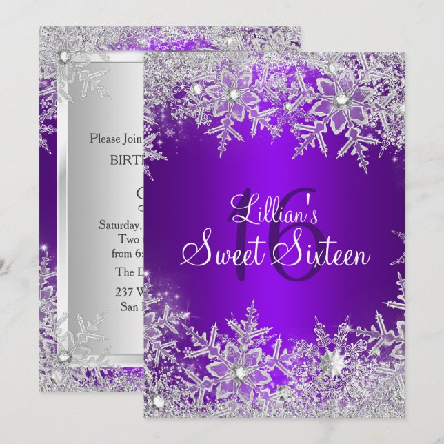 Lila Sweet 16 Snowflake Winter Wonderland Inbjudningar (Fram/baksida)