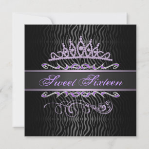 Lila Sweet 16 Tiara Zebra tryck Birthday Inbjudan